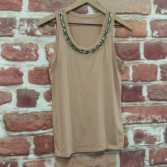 Ann Taylor Tank Top Women's Tan Pink Raw Edge Jeweled Neck Sleeveless Shirt - Picture 2 of 9